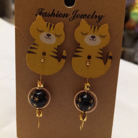 Home Made Handmade Wood & Metal Cat Yellow & Black Button Earrings #49 - Picture 10 of 11